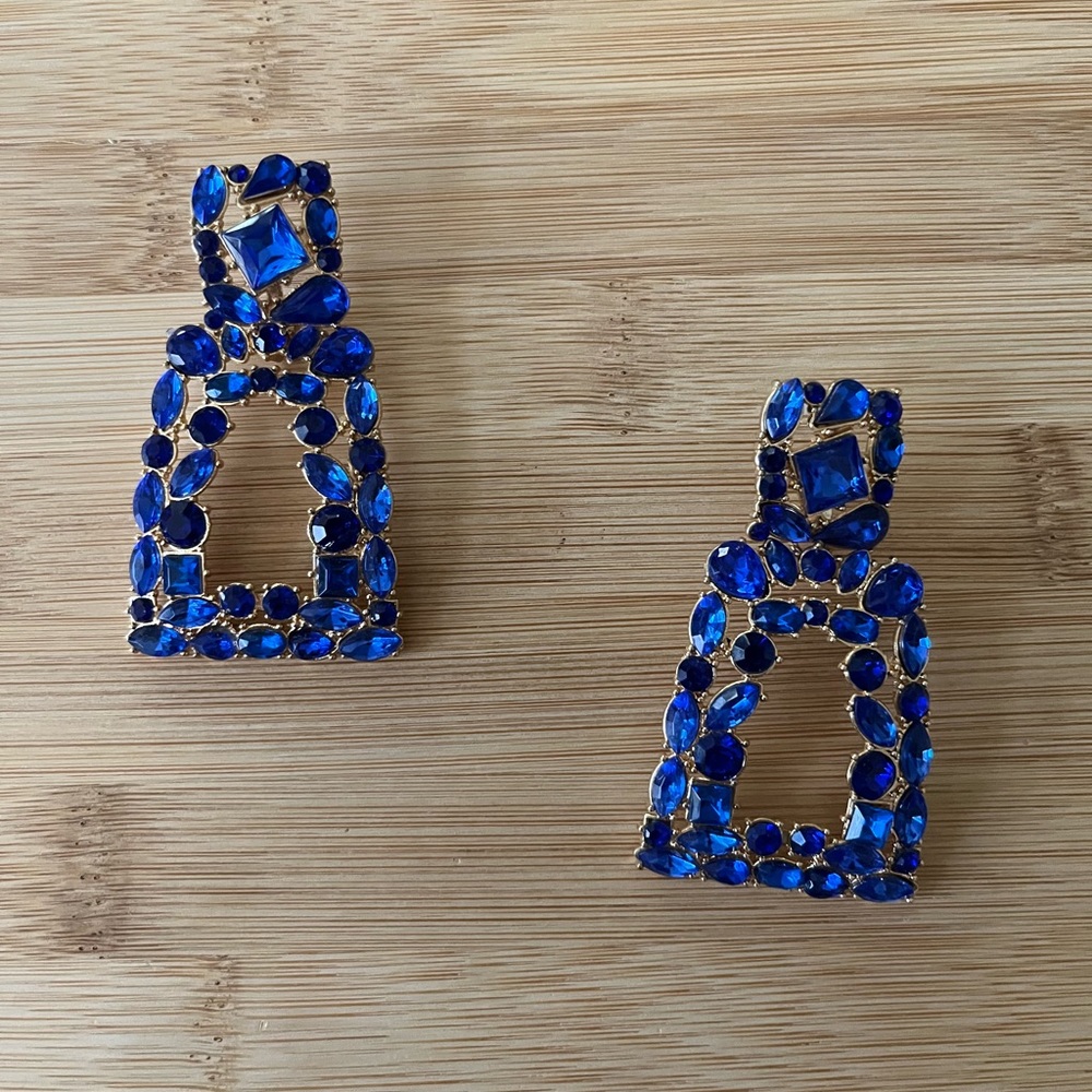 Blue Rhinestone Rectangle Earrings